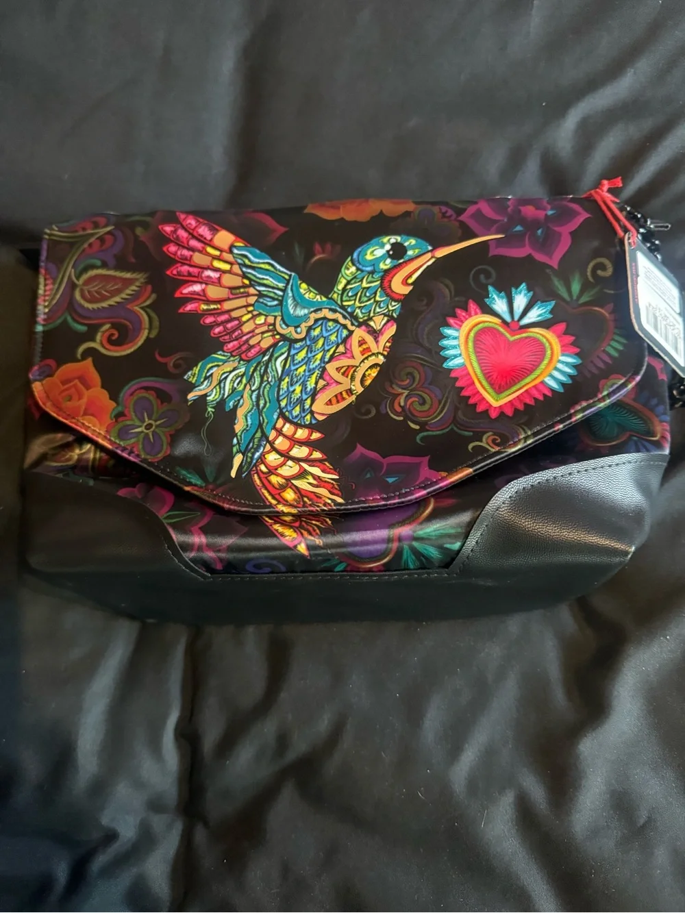 Vibrant Hummingbird Printed Crossbody Bag - Black